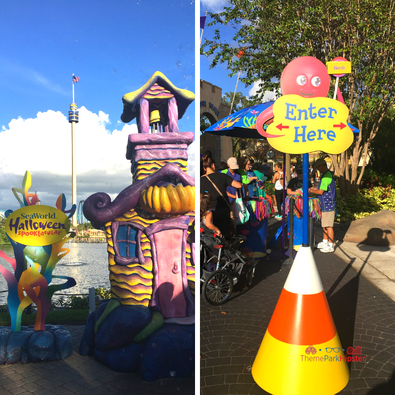 SeaWorld Spooktacular Halloween with life size white, orange, and yellow candy corn. Keep reading to learn about the SeaWorld Spooktacular Halloween event!