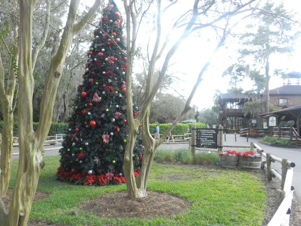 Christmas at Fort Wilderness Cabins outdoor christmas tree. Keep reading to get your perfect Disney Resort Christmas Decorations Tour! Photo Copyright ThemeParkHipster.