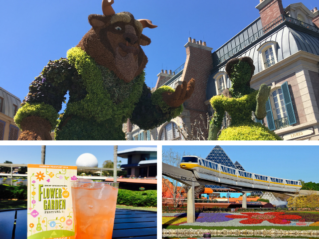 Epcot Flower and Garden Menu with Disney monorail over topiary.