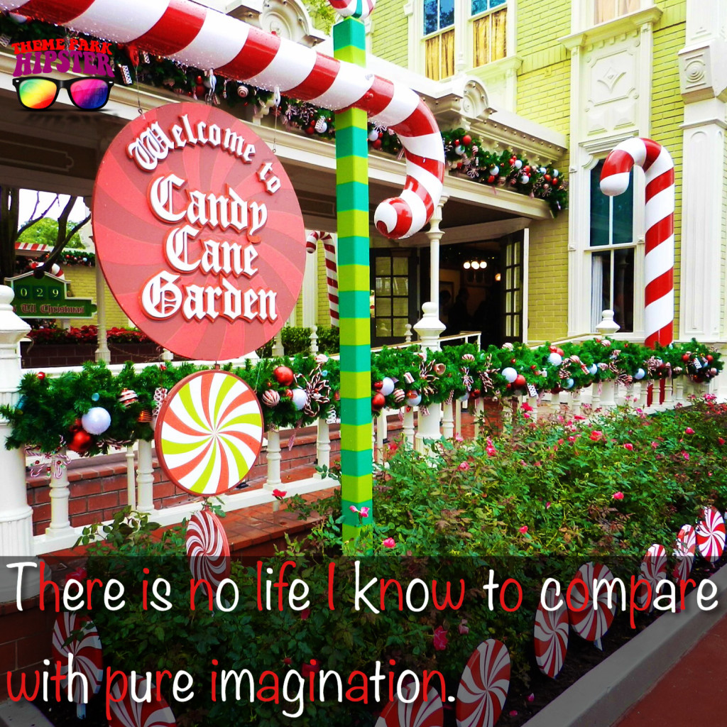 Disney Chistmas Candy Cane Garden Magic Kingdom imagination Willie Wonka quote. Keep reading to get the best things to do at the Magic Kingdom for Christmas and a full guide to 2024 Mickey's Very Merry Christmas Party Tips!