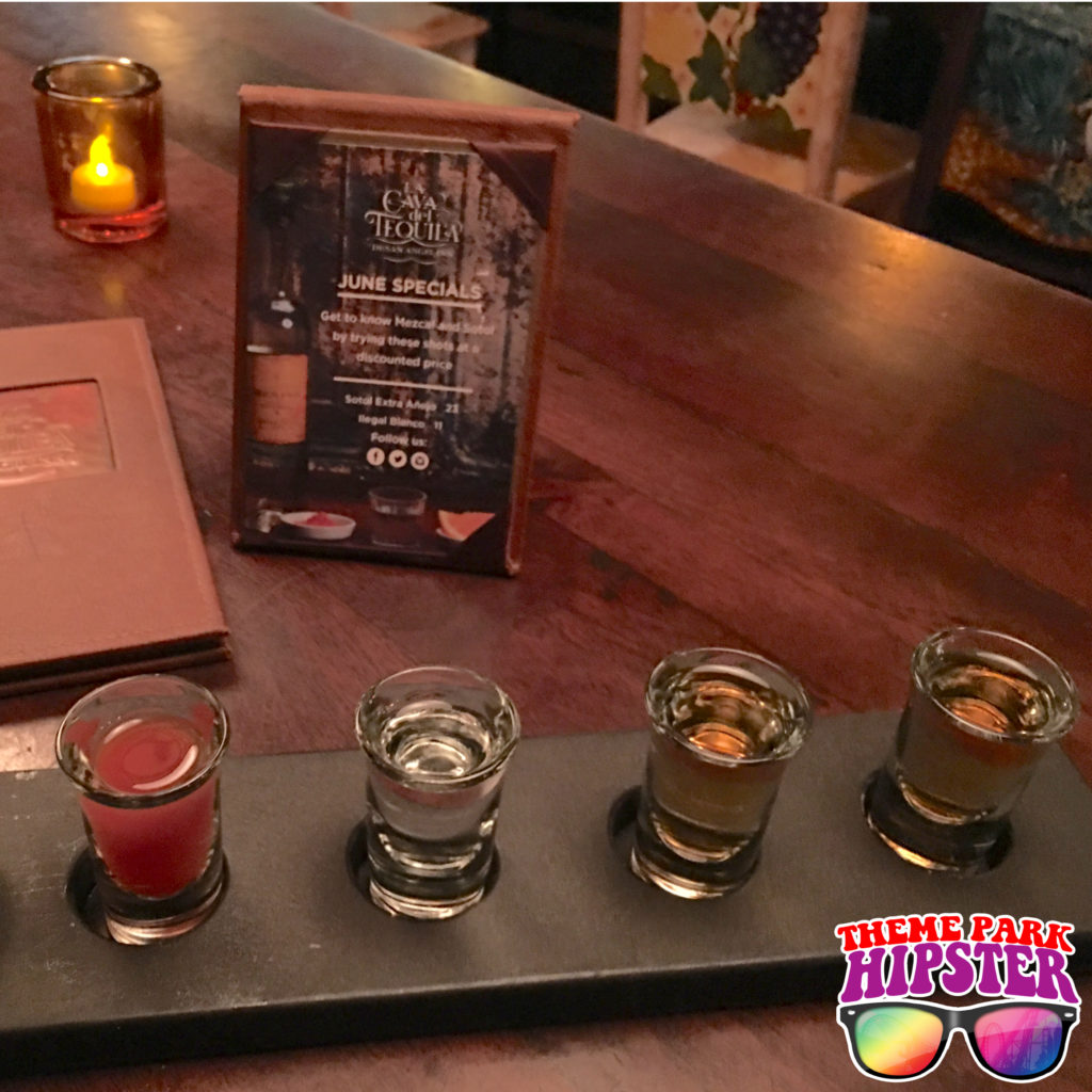 Tequila Flight in Mexico Pavilion at Epcot La Cava del Tequila. epcot mexican restaurants