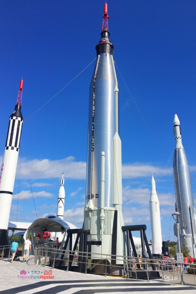 Kennedy Space Center Rocket Garden with white and black spaceships. Keep reading for the best things to do in Orlando other than Disney.