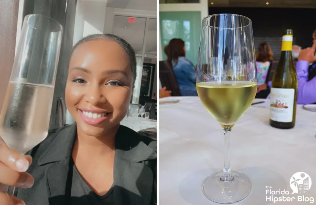 La Luce Restaurant in Orlando, Florida at Signia Hilton Resort with NikkyJ drinking white wine at special event. Keep reading to get your ultimate solo theme park planning guide.