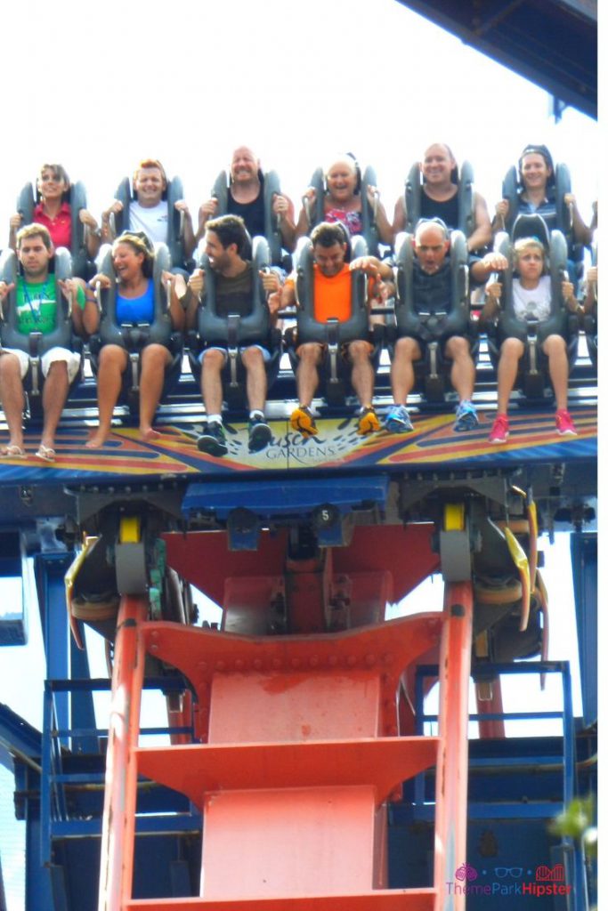 Sheikra roller coaster at Busch Gardens with People Hanging in the Air