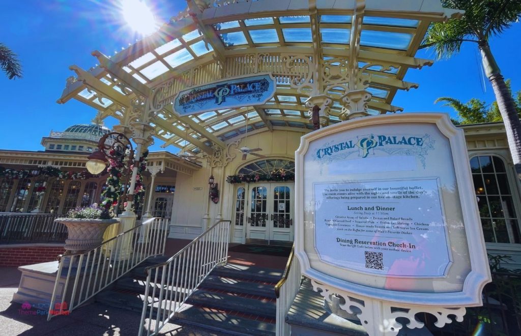 Crystal Palace Menu Display near the Entrance at Magic Kingdom. One of the best places to eat in the Magic Kingdom for Lunch.