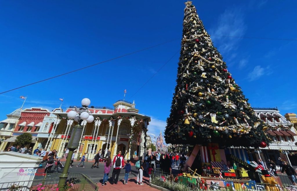 Magic Kingdom Christmas Tree with Cinderella Castle in the background. Keep reading to get some of the best Disney gift ideas for adults.