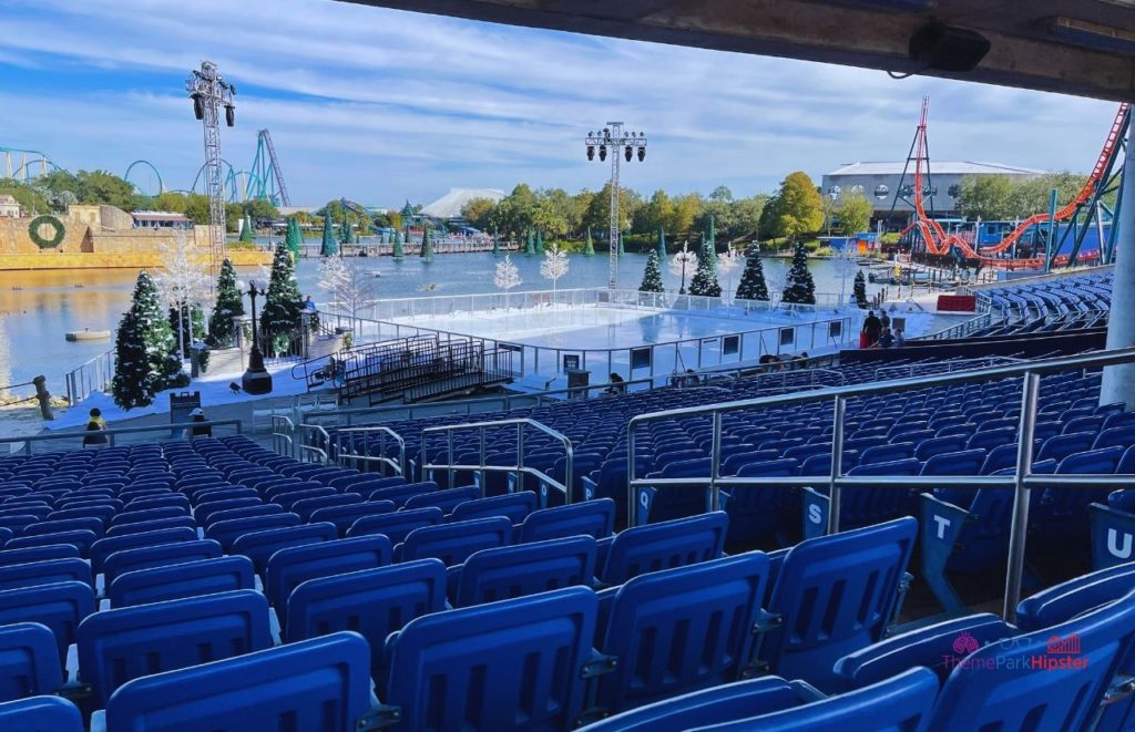 SeaWorld Christmas Celebration Bayside Stadium with Ice Skating Ring. Keep reading to learn how to have a Solo Trip to SeaWorld and how to travel alone with anxiety.