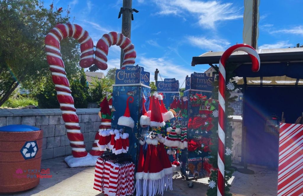 SeaWorld Christmas Celebration Holiday Merchandise with heart candy cane. Keep reading to learn about Christmas at SeaWorld Orlando!