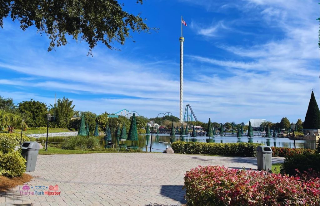 SeaWorld Christmas Celebration SkyTower next to Sea of Trees with Mako roller coaster in the background.