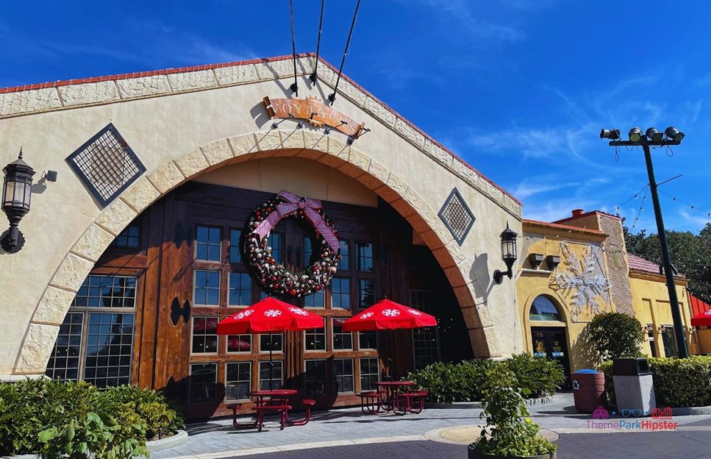 SeaWorld Orlando All-Day Dining Plan Voyager's Restaurant Entrance with Christmas Decor.