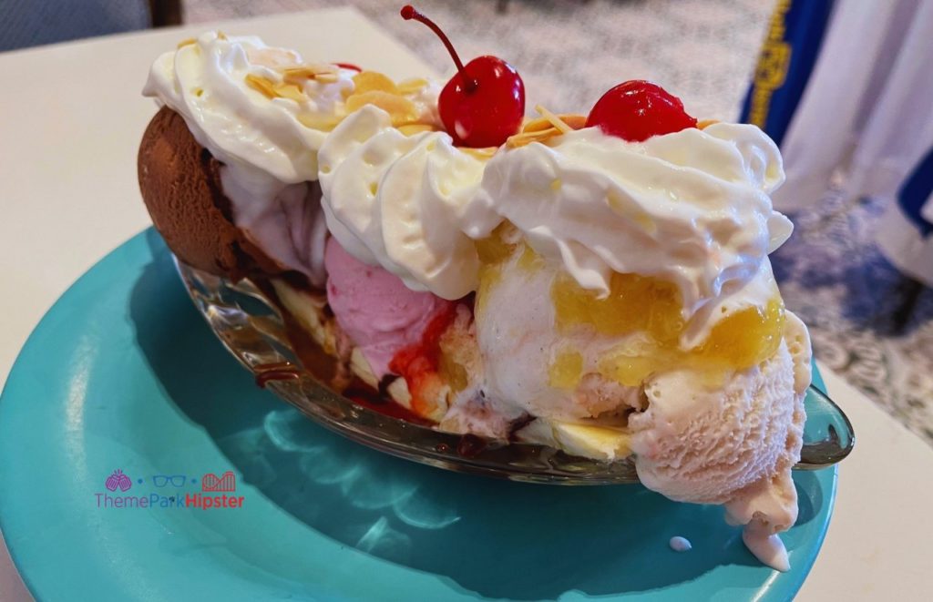 Disney Beach Club Resort Hotel Beaches and Cream Banana Split with Chocolate Strawberry and Vanilla Ice Cream Topped with Whipped Cream and Cherries. One of the best restaurants at Walt Disney World.