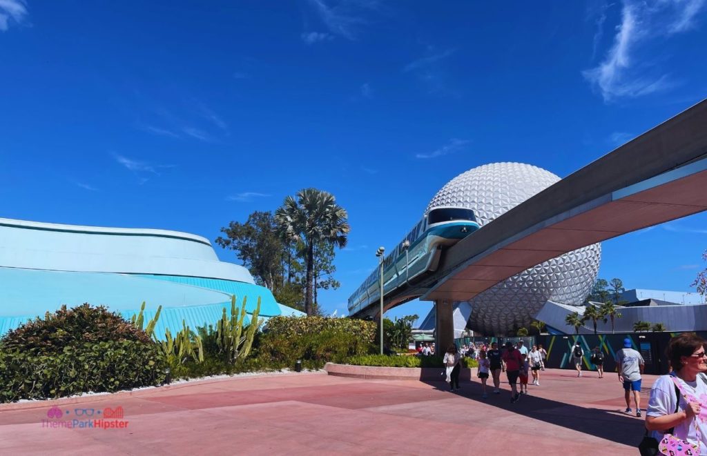 Epcot Flower and Garden Festival Spaceship Earth History with monorail passing by