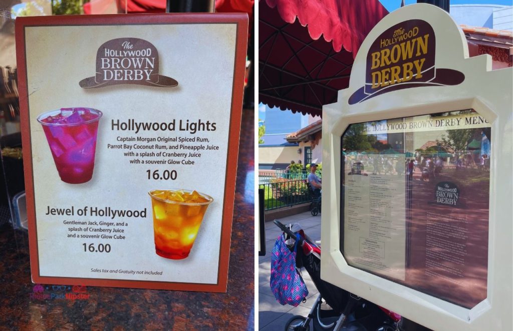 The Hollywood Brown Derby Lounge in Hollywood Studios Hollywood Lights Drink and Jewel of Hollywood Drink with Menu. One of the best table service restaurants at Hollywood Studios. 