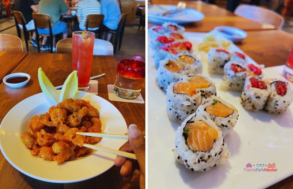 Bang Bang Chicken with spicy tuna sushi and salmon sushi at Morimoto Asia. Keep reading see what's the best sushi in Disney World.