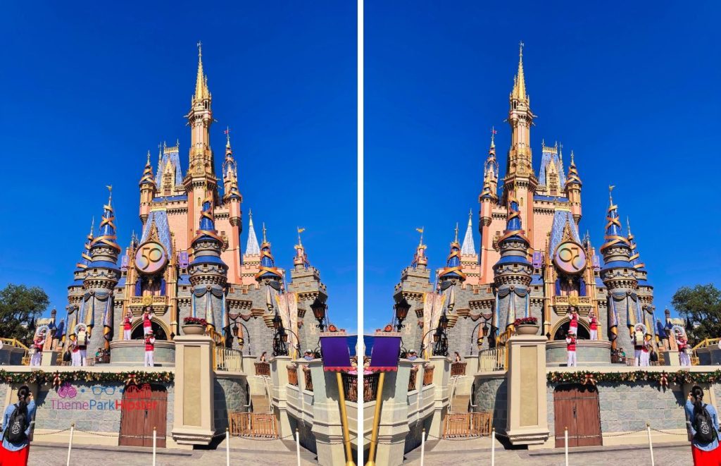 Disney Magic Kingdom Cinderella rose gold castle during the 50th Anniversary. Keep reading to find out all you need to know about how big is Disney world.  