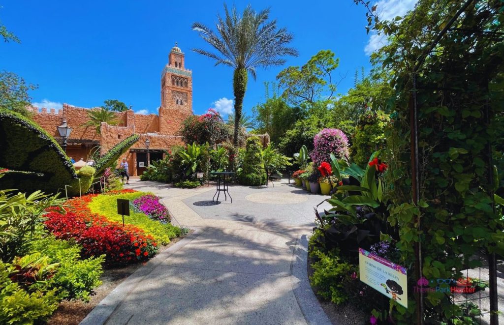 Beautiful flowers lining the walkway to Morocco Pavilion, showcasing the similar color scheme of the pavilion and exterior of Tower of Terror. If you want to take deep dive into Twilight Zone Tower of Terror: Secrets REVEALED, keep reading!