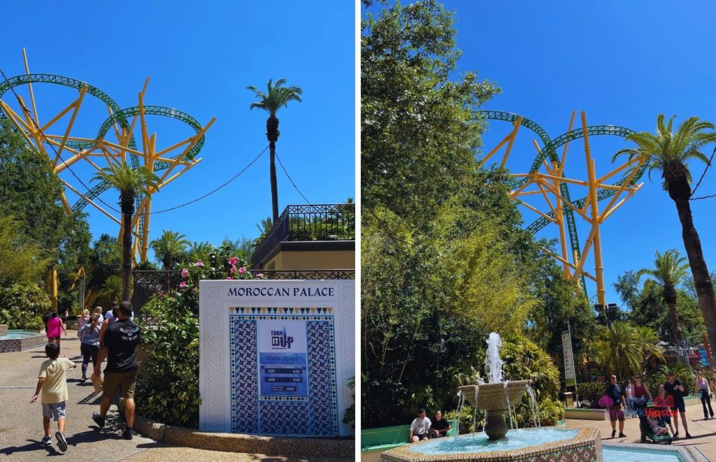 Busch Gardens Tampa Bay Cheetah Hunt roller coaster view from the Moroccan Palace