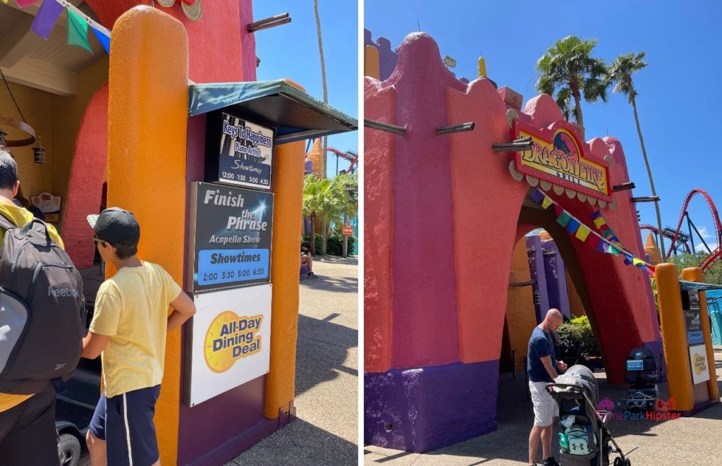 Busch Gardens Tampa Bay Dragon fire grill entrance and shows sign and all day dining deal signage. Keep reading discover more about what to eat at Busch Gardens Tampa.