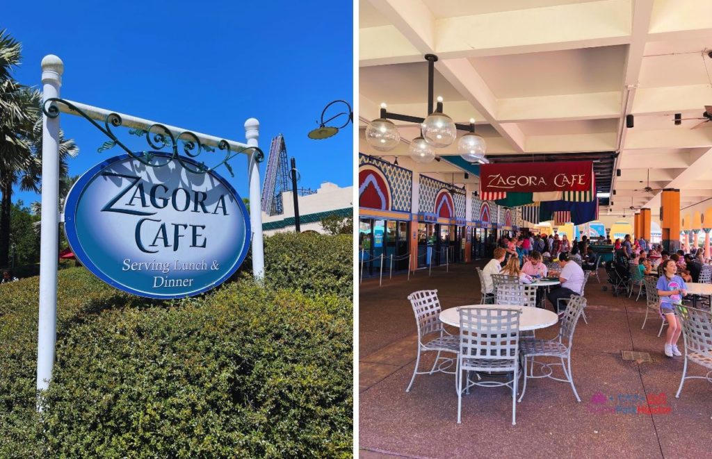 Zagora Cafe sign with blue and white sign above green bushes and lunch time at Zagora Cafe with guests at the white bistro style tables at Busch Gardens Tampa Bay.