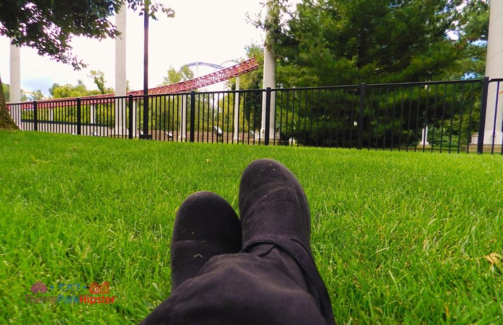 Cedar Point NikkyJ on grassy lawn next to Top Thrill Dragster