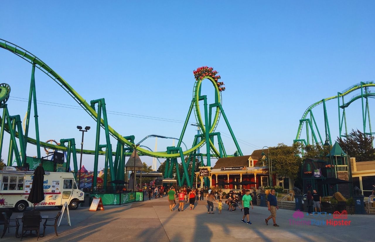 Cedar Point Raptor Roller Coaster going over loop