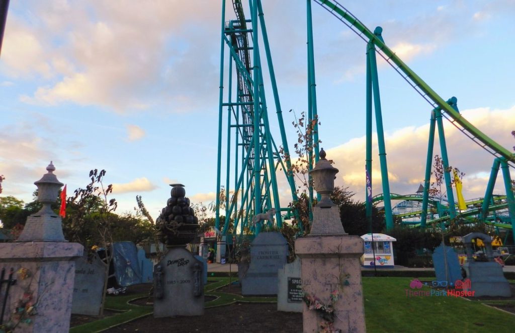 Cedar Point Sunrise over Halloweekends graveyard and Raptor