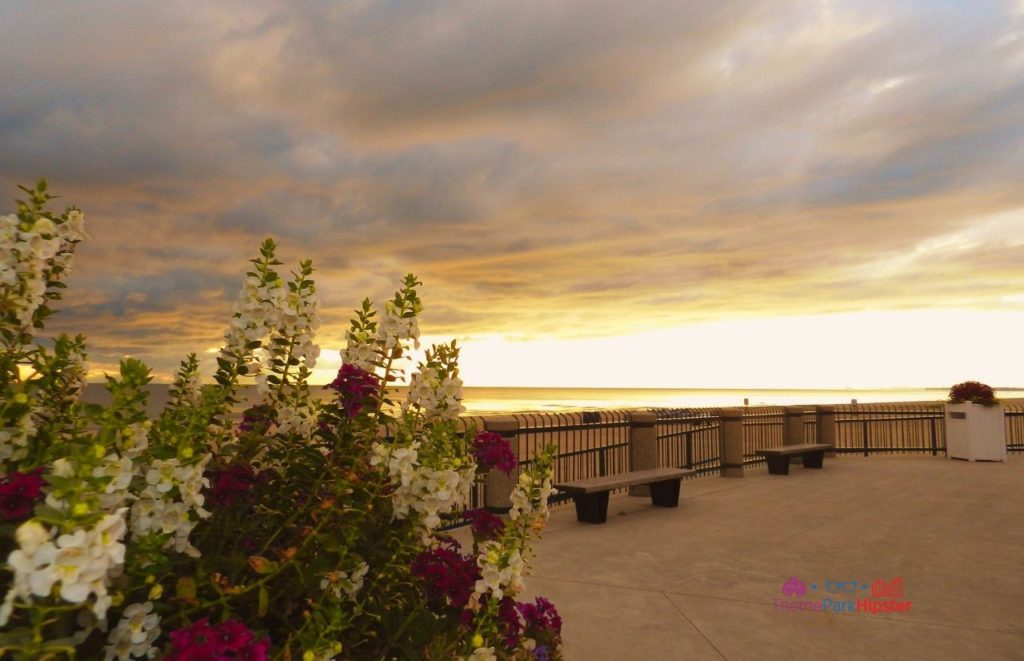 Boardwalk Cruiser Tour Cedar Point sunrise over Lake Erie with colorful flowers in the forefront on the boardwalk. Keep reading to learn more about the best things to do at Cedar Point. 