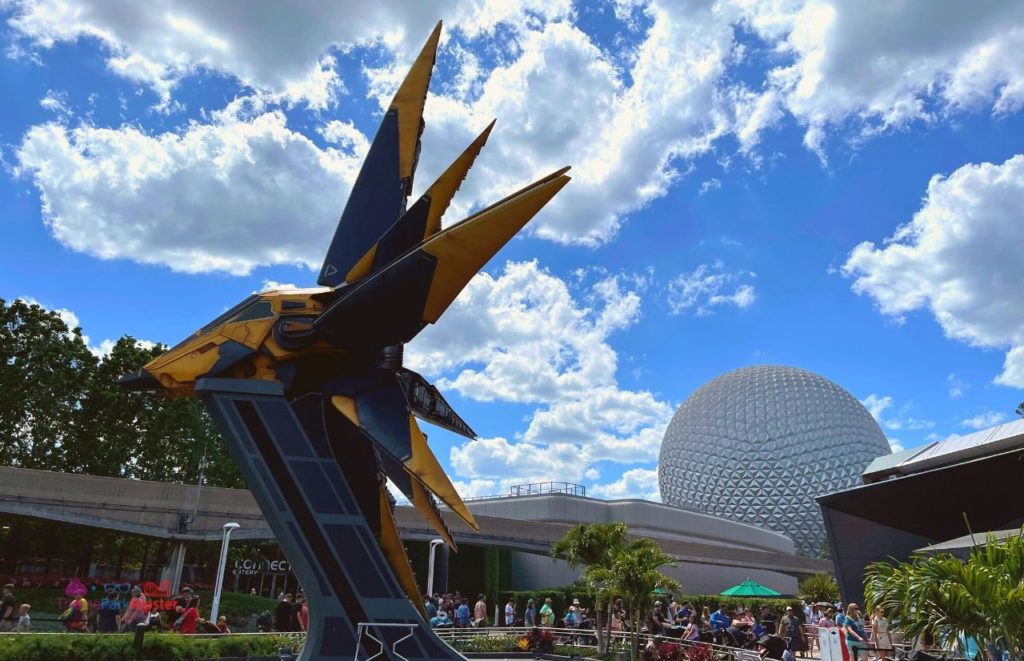 Guardians of the Galaxy at Epcot Walt Disney World Resort In front of Spaceship Earth. Keeping reading to learn about doing Epcot for adults and Disney for grown-ups.