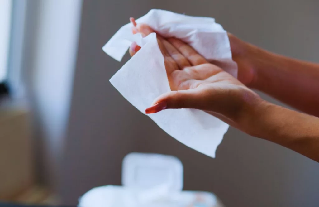 Lady using water wipes for travel. Keep reading to get the best Universal Studios packing list and what to pack for Universal Orlando Resort.