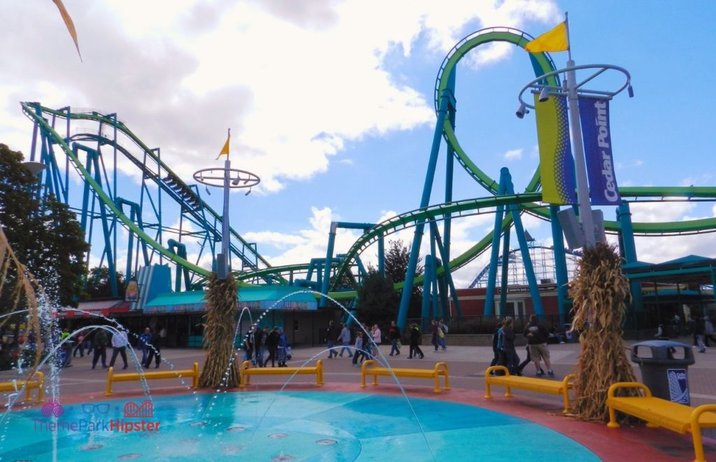 Water pad splash area in front of Raptor Roller Coaster at Cedar Point. Keep reading to get the guide to Light Up the Point and how to Survive Cedar Point on 4th of July with These 7 Tips.