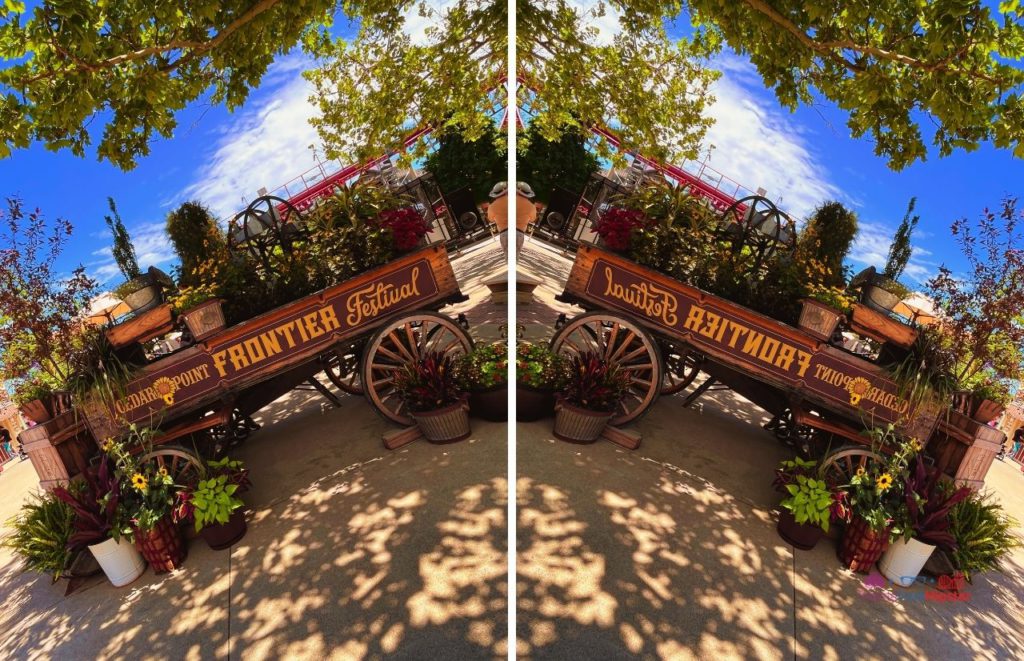 Cedar Point Frontier Festival wagons with vegetation on them.