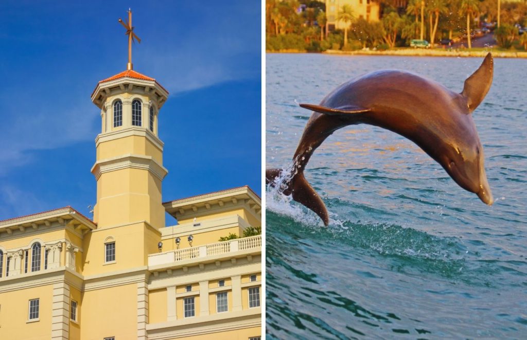 Clearwater Beach Florida Downtown with Dolphin Jumping in the Air