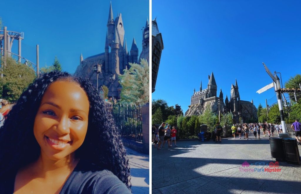 NikkyJ in front of Hogwarts Castle in the Wizarding World of Harry Potter at Universal Orlando Resort. Keep reading to learn more about Single Rider Lines at Universal Orlando.