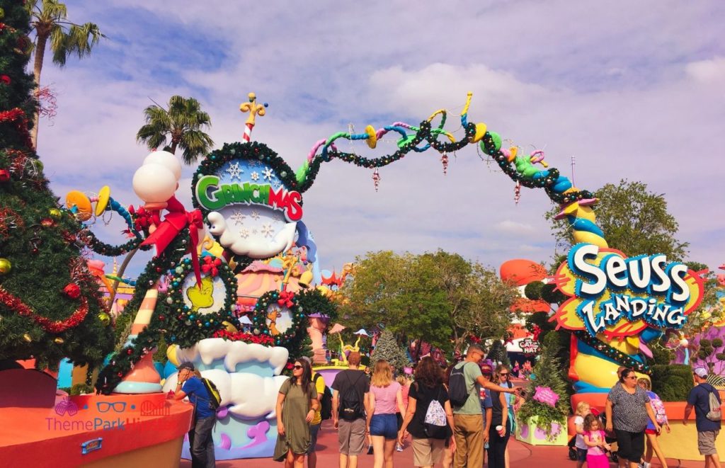 Grinchmas at Universal Orlando Resort Seuss Landing Entrance Islands of Adventure. Keep reading to get the full guide to 2023 Christmas at Universal Orlando Resort!