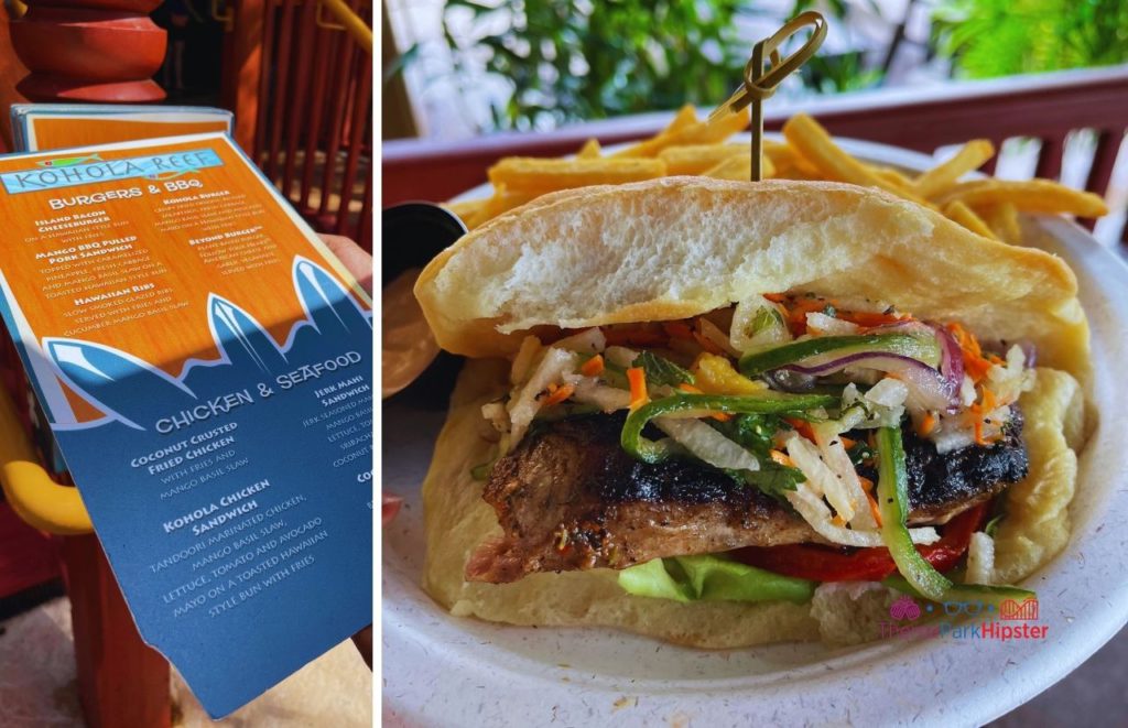 Universal Orlando Resort Volcano Bay Kohola Reef Menu with Jerk Mahi Sandwich