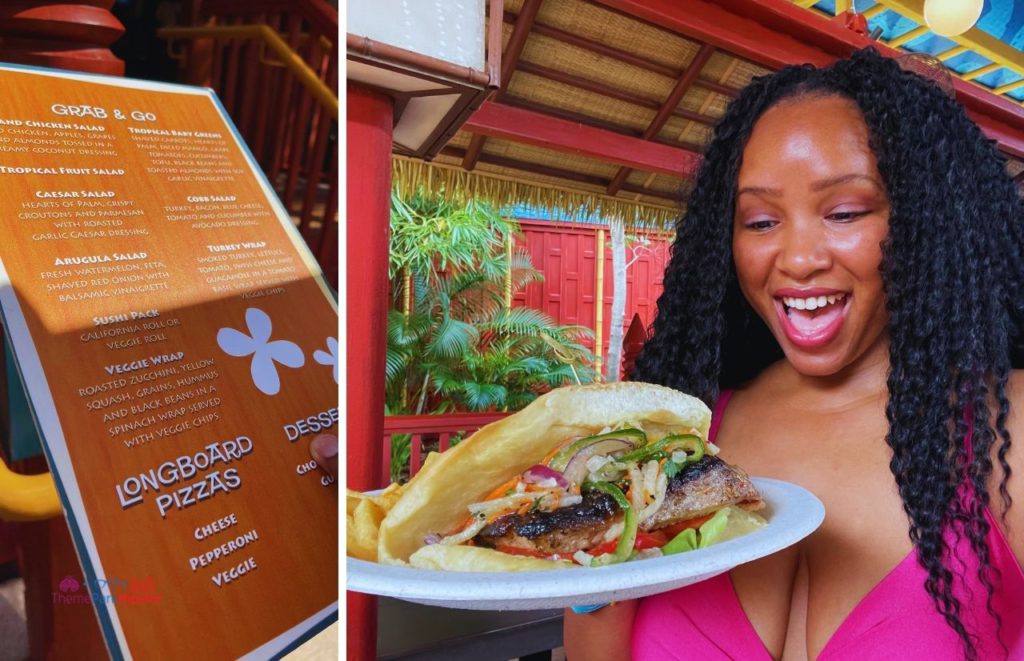 Universal Orlando Resort Volcano Bay NikkyJ eating mahi fish sandwich at Kohola Reef