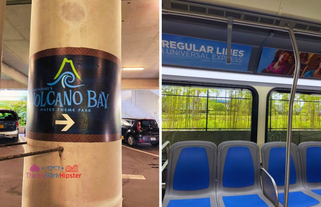 Universal Orlando Resort Volcano Bay Parking and Bus with blue and gray seats. 