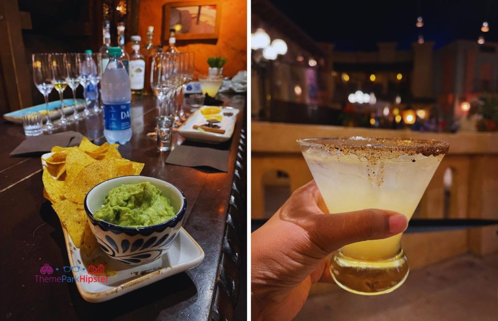 Epcot La Cava del Tequila Mexico Pavilion margarita and guacamole. Keep reading the get the worst and best snacks at Disney World.