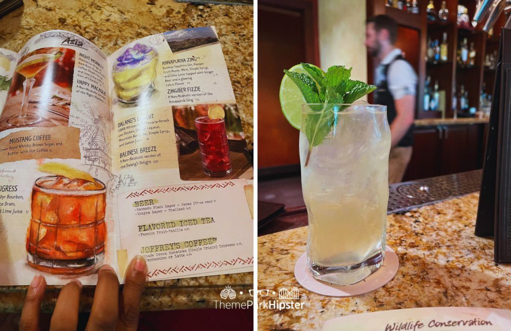 Nomad Lounge at Disney's Animal Kingdom Theme Park Snow Leopard Salvation Cocktail Drink and Menu