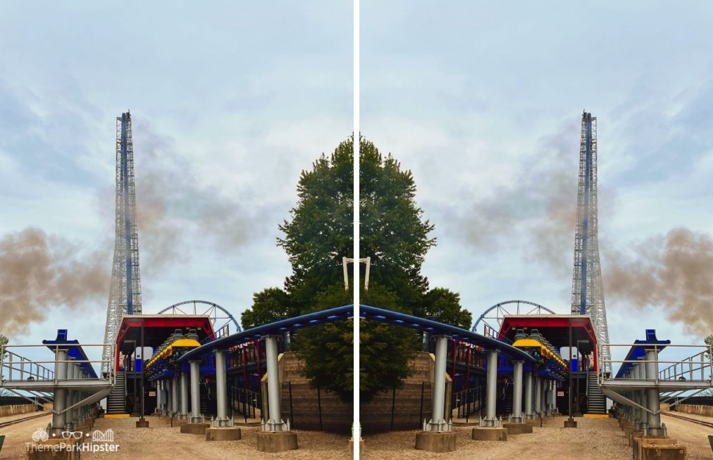 Double photo of Cedar Point Millennium Force Roller Coaster with the towering drop in the background. Keep reading to find out more about the best things to do at Cedar Point. 