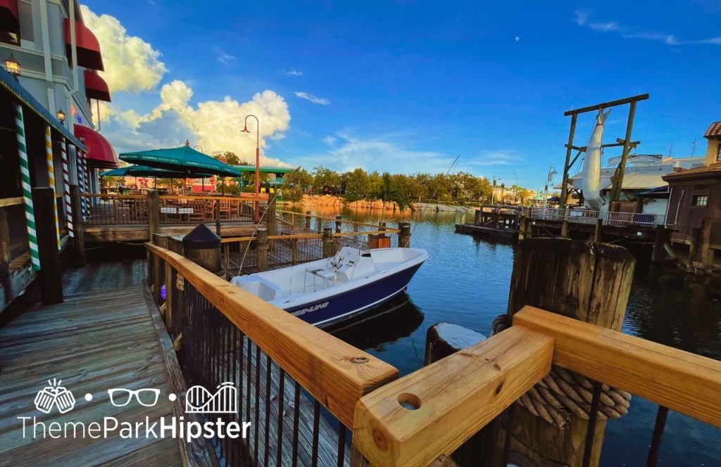 Universal Orlando Resort Lombard's Landing Seafood Restaurant at Universal Studios Florida view of lagoon next bruce the shark. Keep reading to get the best things to do at Universal Studios Florida.