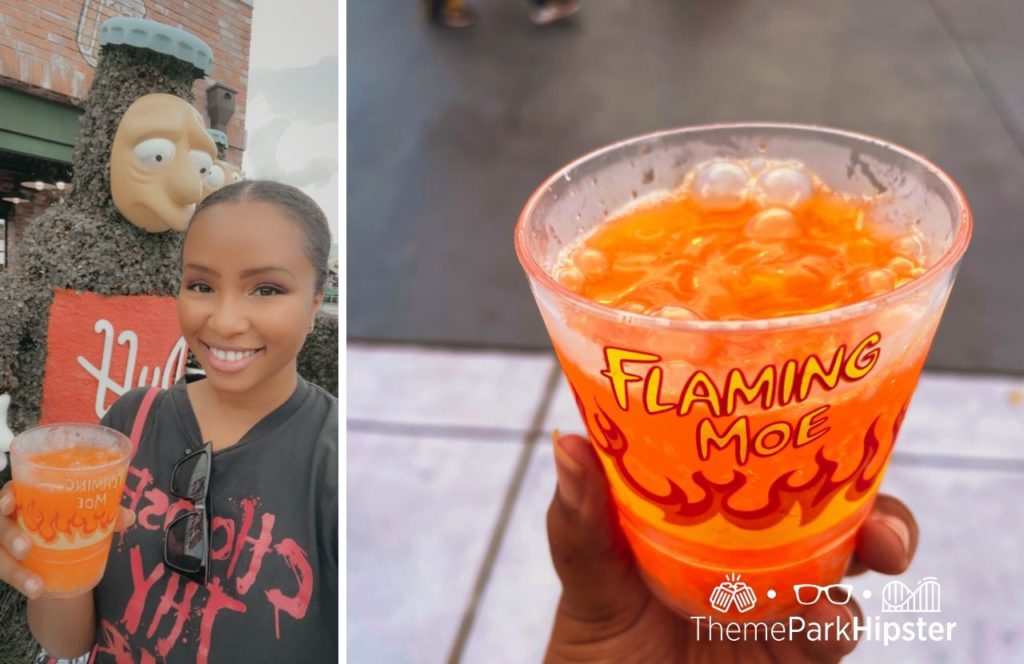 Universal Orlando Resort NikkyJ with Flaming Moe orange drink in Simpsons Land at Universal Studios Florida. Keep reading to get the best things to do at Universal Studios Florida.