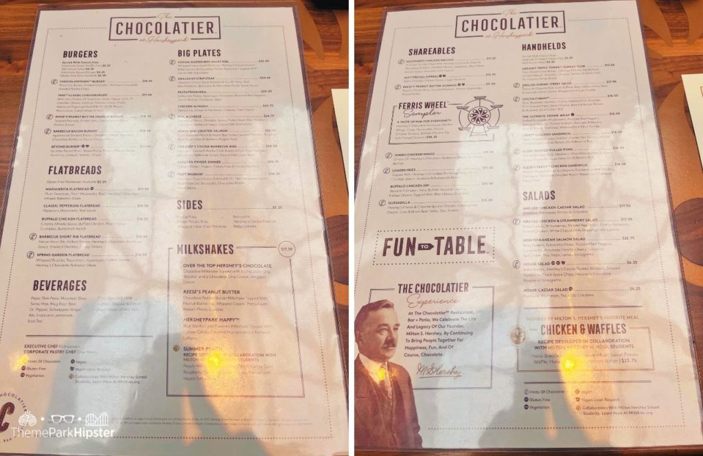 Hersheypark Chocolatier Restaraunt Menu in Hershey, Pennsylvania