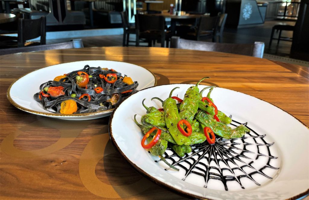 Midnight Spice Pasta and Spooky Shishito Peppers at The Chocolatier Halloween at Hersheypark Dark Nights Food