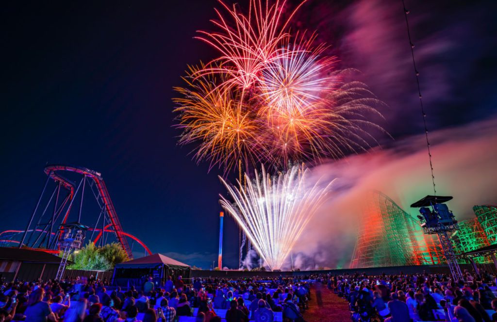 Sheikra and Gwazi Roller Coaster with Fireworks at Busch Gardens in Summer Nights