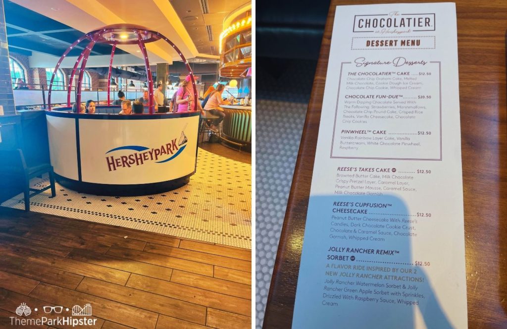 Tilt a Whirl Booth next to Dessert Menu with Cakes Hersheypark Chocolatier Restaraunt in Hershey, Pennsylvania Review