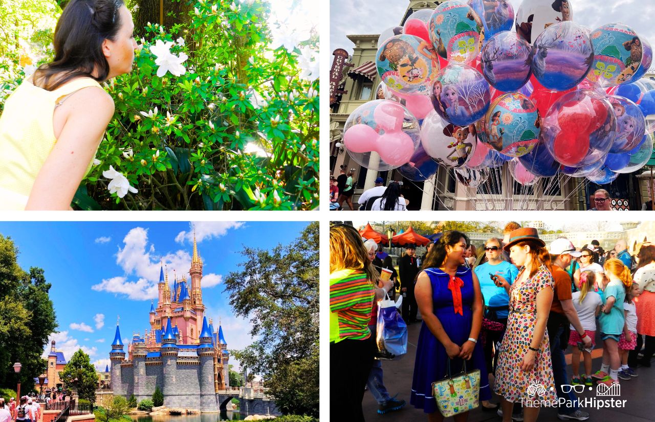 Dapper Day Disney World Magic Kingdom with woman smelling white flowers