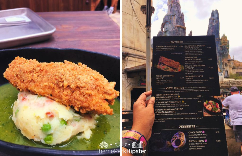 Tip Yip Mashed Potatoes and Fried Chicken with Menu at Docking Bay 7 Restaurant in Star Wars Land at Disney's Hollywood Studios