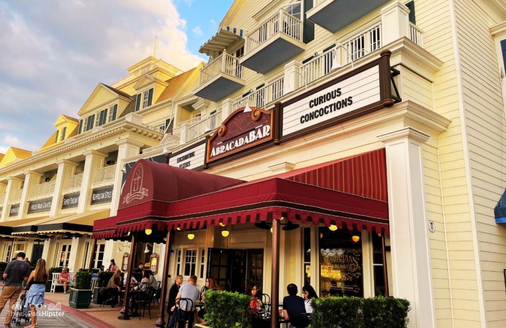 Christmas at Disney Boardwalk Inn and Villas AbracadaBAR Lounge entrance. Keep reading to find out the most romantic resorts for couples at Walt Disney World.  