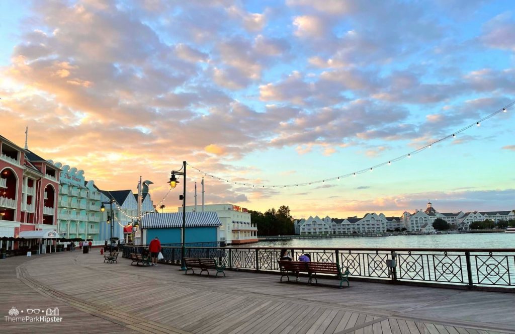 Christmas at Disney Boardwalk Inn and Villas over Crescent Lake at sunset